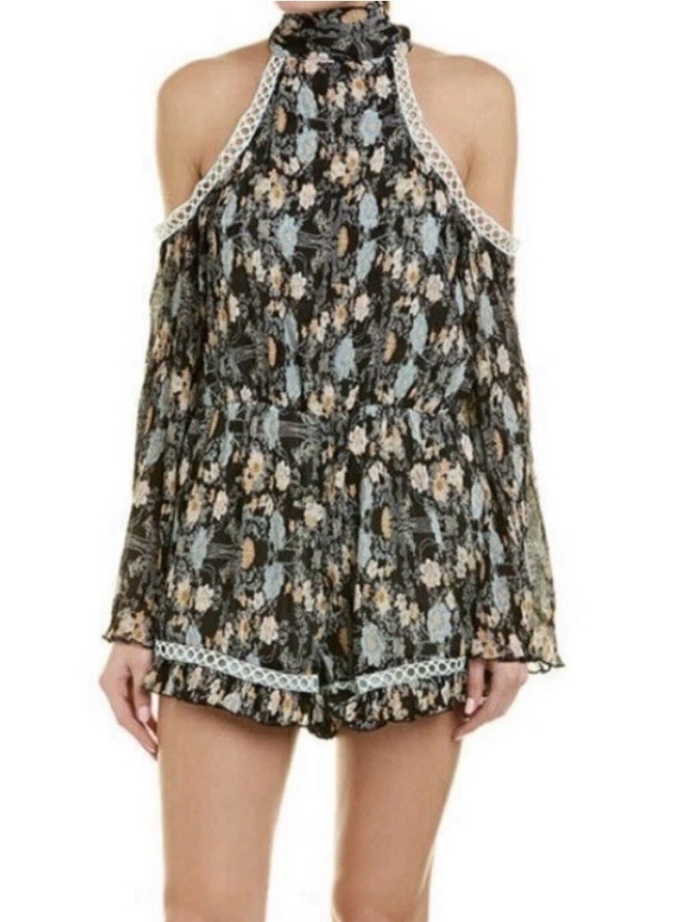 Foxiedox Womens Adora Floral Halter Cold Shoulder Romper Sz Small Multicolor NEW